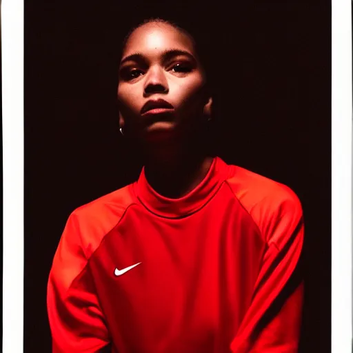 Image similar to realistic! photoshoot for a new nike lookbook, color film photography, portrait of a beautiful woman, red frontal light, image made at night, in style of tyler mitchell, 35mm