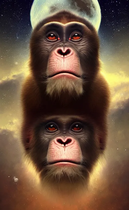 Prompt: symmetry!! ultra realistic portrait of primates with primates ear!!!!!! moon and galaxy in background!, intricate, elegant, highly detailed, digital painting, artstation, concept art, smooth, sharp focus, illustration, art by artgerm and ross tran and greg rutkowski and alphonse mucha, 8 k