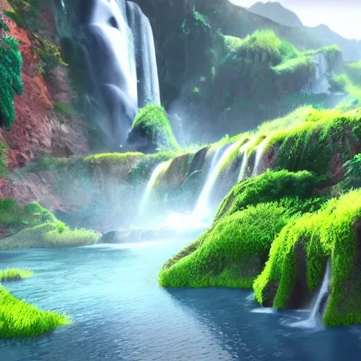Prompt: a very photorealistic concept art of colourful landscape with waterfalls and mountains, unreal engine 5