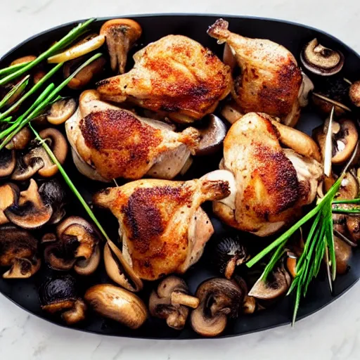 Prompt: delicious looking platter of roasted chicken thighs and huge mushrooms