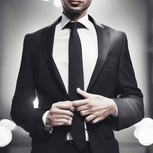 Image similar to full shot photograph of a man wearing a black suit, black shirt, silver tie. black shirt under a black suit with a silver tie. black shirt, silver tie. photorealistic photograph cinematic lighting intricate detailed 8 k resolution