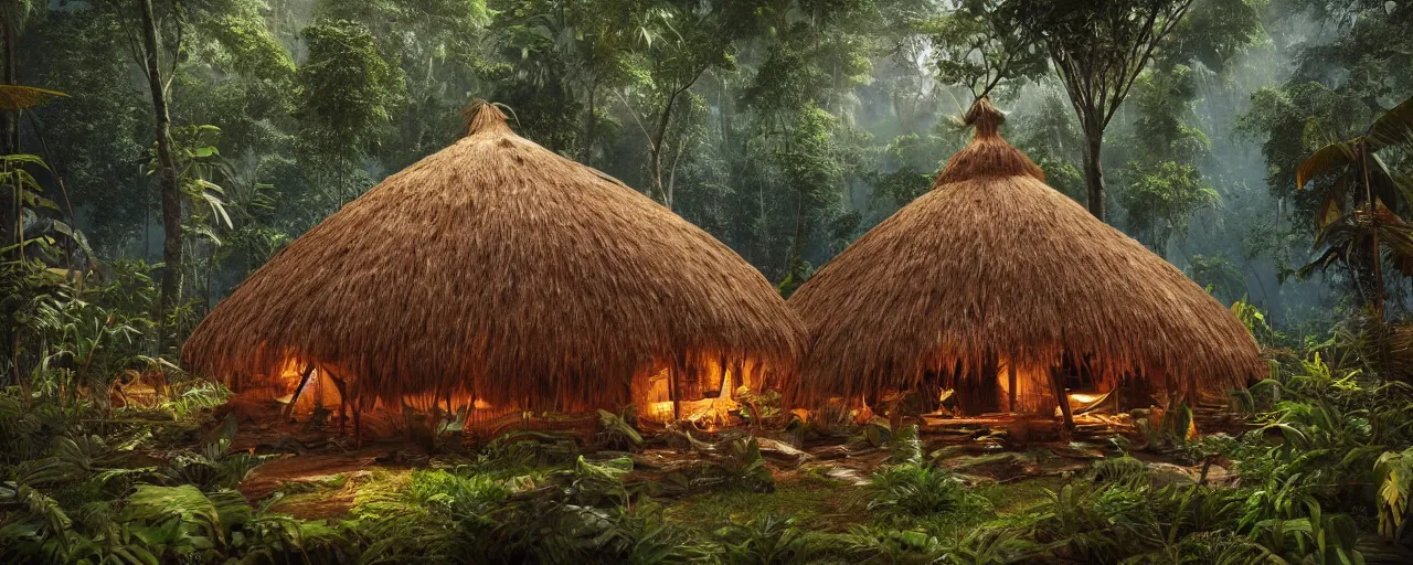 Image similar to an intricate concept art of a tribal hut in the middle of the amazon rainforest, artstation, sci - fi, hyper realistic, concept art, art by dylan cole, cinematic lighting, octane render