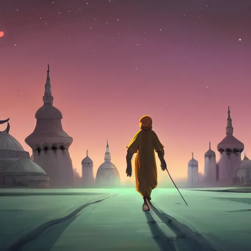 Image similar to bedouin walking towards mosque surrounded by nebula, artstation, detailed cartoon, elegant, digital painting, concept art, smooth, sharp focus, illustration, ghibli, makoto shinkai, don bluth, fujita goro, jean giraud, akihiko yoshida, tom whalen 8 k