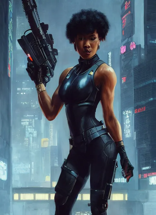 Image similar to black chun li. cyberpunk police trooper in a military vest ( blade runner 2 0 4 9, cyberpunk 2 0 7 7 ). orientalist portrait by john william waterhouse and james gurney and theodore ralli and nasreddine dinet, oil on canvas. cinematic, hyper realism, realistic proportions, dramatic lighting, high detail 4 k