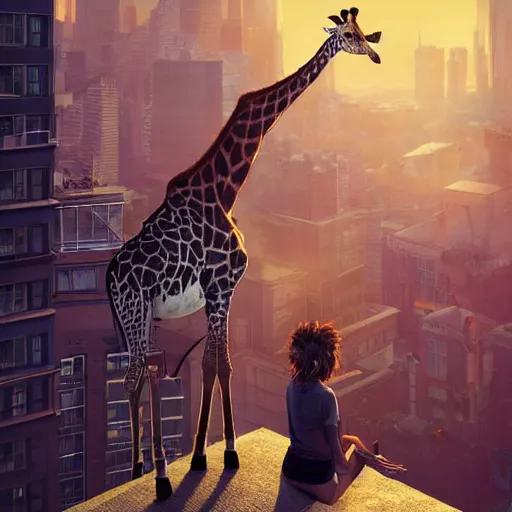 Prompt: a full body painting of a [ giraffe standing on rooftop ] ( people ), intricate, epic lighting, cinematic composition, hyper realistic, 8 k resolution, unreal engine 5, by artgerm, tooth wu, dan mumford, beeple, wlop, rossdraws, james jean, andrei riabovitchev, marc simonetti, artstation