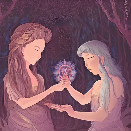 Image similar to “portrait of the goddess of love and her daughter making a ritual sacrifice in a magical forest, ghibli, detailed, sharp focus, digital art, detailed face”