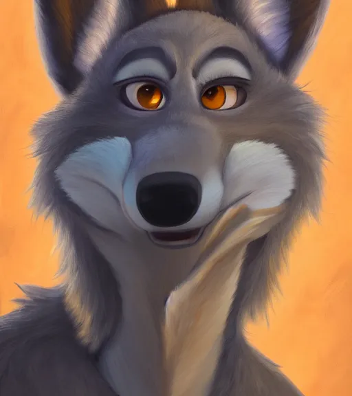 Image similar to oil painting of anthromorphic furry female wolf, in style of zootopia, female fursona, furry, furaffinity, 4 k, deviantart, furry art, fursona art, wearing black business suit, business suit, wolf fursona, expressive feminine face, female,