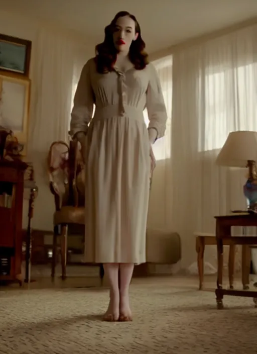 Image similar to Kat Dennings standing in the living room, film still from the movie directed by Denis Villeneuve with art direction by Salvador Dalí, wide lens, 4K, realistic