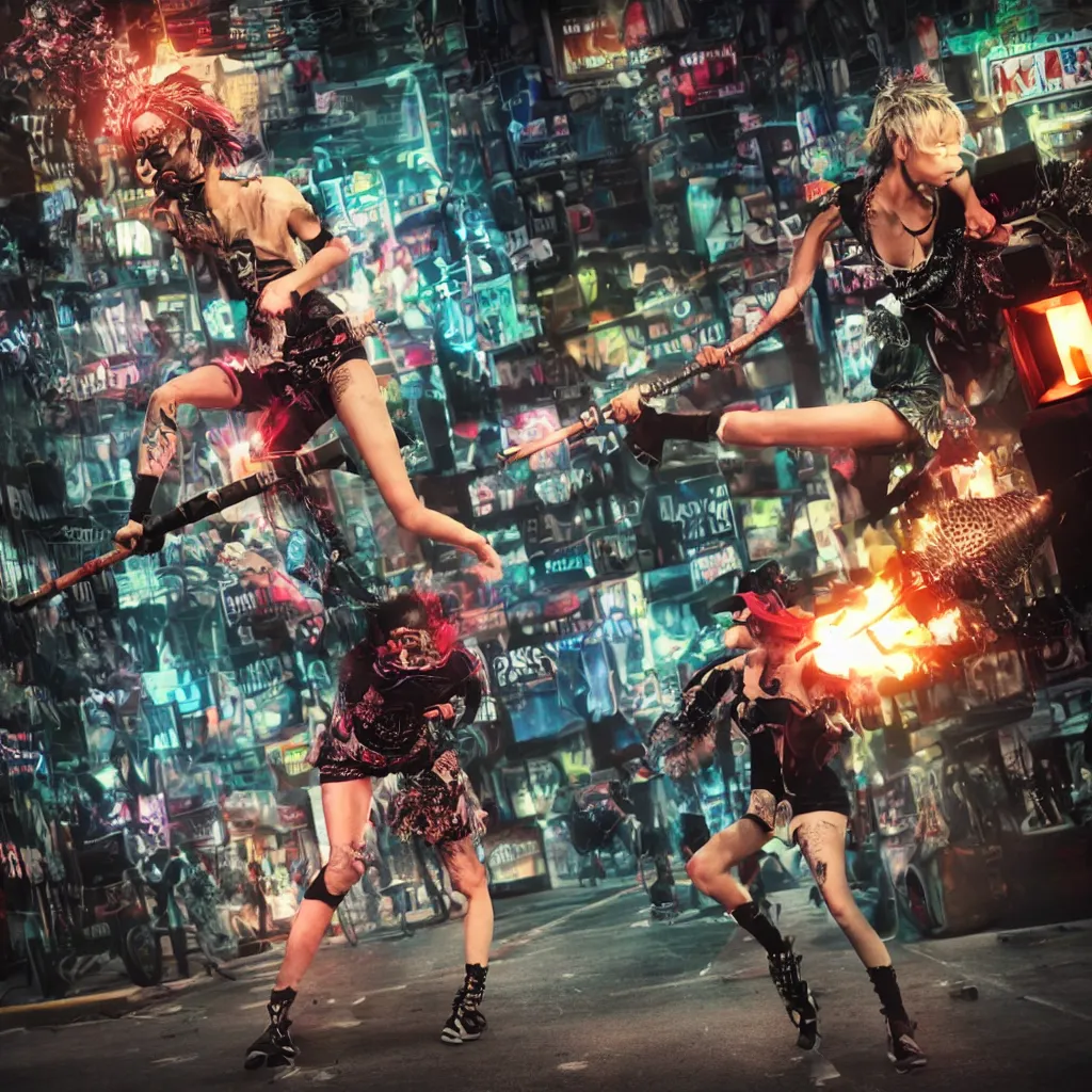 Image similar to extremely detailed picture of a punk girl hitting a crt tv with a spiked baseball bat in the middle of a crowded street, octane render, hdr, 8 k