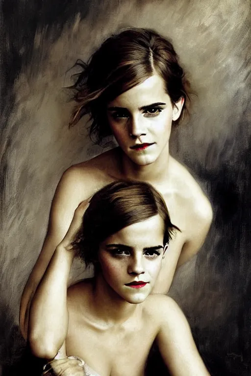 Image similar to emma watson frowning detailed portrait painting by gaston bussiere craig mullins j. c. leyendecker photograph by richard avedon peter lindbergh annie leibovitz