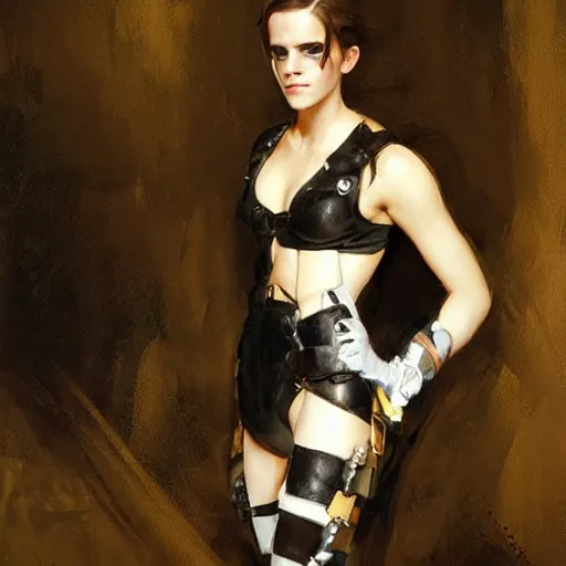 Image similar to close up of emma watson wearing a gimp outfit, cinematographic shot, by daniel f. gerhartz