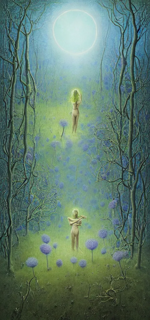 Prompt: painterly dreamy Kupala Night in the blue forest with trees, giant eyes in the grass, giant flowers, glowing owls, deers, women, lianas, thistles, giant fantasy creatures, a stream and sky with moon and stars, glowing Buddha in the center of the forest in the moment of enlightenment, by Beksinski, Alex Grey, Aron Wiesenfeld and Giger dark fantasy, witcher, very detailed oil painting in the alla prima style, masterpiece, 8k