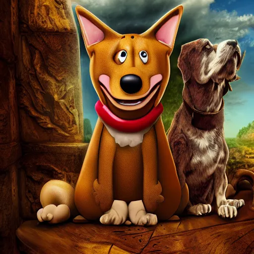 Image similar to photograph of a realistic nickelodeon's catdog, grim facial expression, high medieval fantasy, full color digital art, cinematic shot, portrait, wide shot.