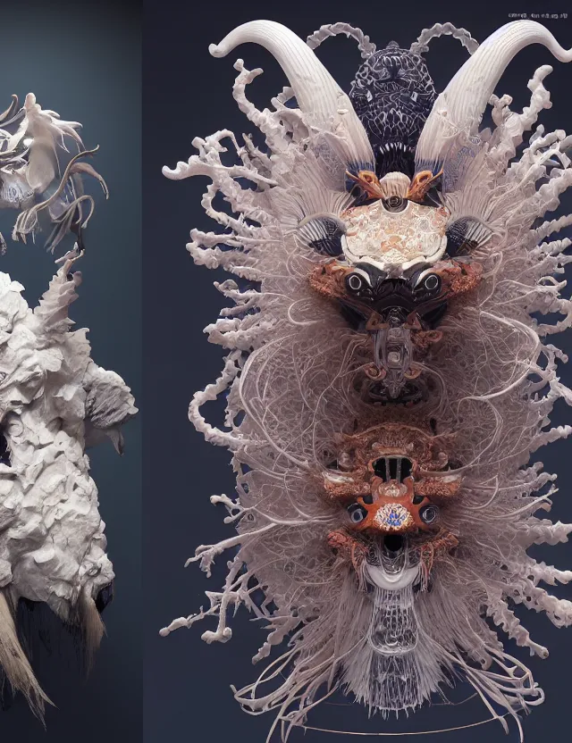 Image similar to 3 d chapel space frontal portrait with ram skull. beautiful intricately detailed japanese crow kitsune mask and clasical japanese kimono. betta fish, jellyfish phoenix, bio luminescent, plasma, ice, water, wind, creature, artwork by tooth wu and wlop and beeple and greg rutkowski