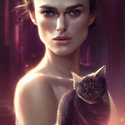 Prompt: Ultra realistic illustration of Keira Knightley and cat, cyberpunk, sci-fi, intricate, elegant, highly detailed, digital painting, artstation, concept art, smooth, sharp focus, illustration, art by artgerm and greg rutkowski and Ivan Shishkin