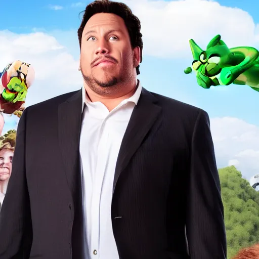 Image similar to Jon Favreau as Happy Hogan wearing a black suit and black necktie climbing a green beanstalk high in the sky of clouds