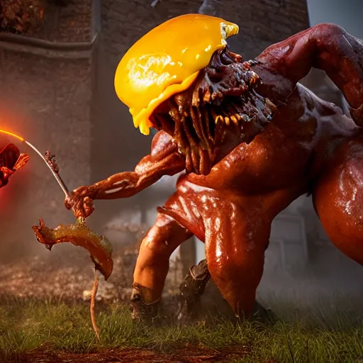 Image similar to a warrior fighting a giant cheeseburger demon that spits mustard. eldenring boss, zbrush, arnold render, unrealengine 5, dark souls, horror, extremely detailed