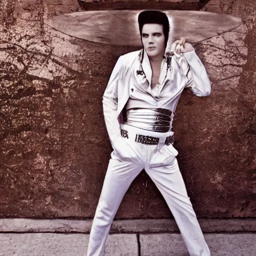 Prompt: young elvis presley dressed in 2 0 2 2, modern clothing, nashville, tennessee, outdoors, portrait, highly detailed, annie liebovitz, cinematic lighting, mucha