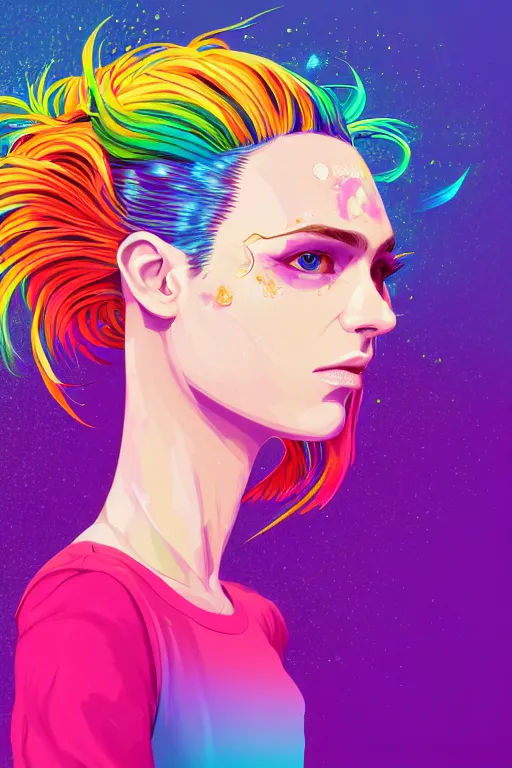 Prompt: a award winning half body portrait of a beautiful woman with stunning eyes in a printed croptop and cargo pants with rainbow colored ombre hairstyle head in motion and hair flying by josan gonzales, outrun, vaporware, shaded flat illustration, digital art, trending on artstation, highly detailed, fine detail, intricate