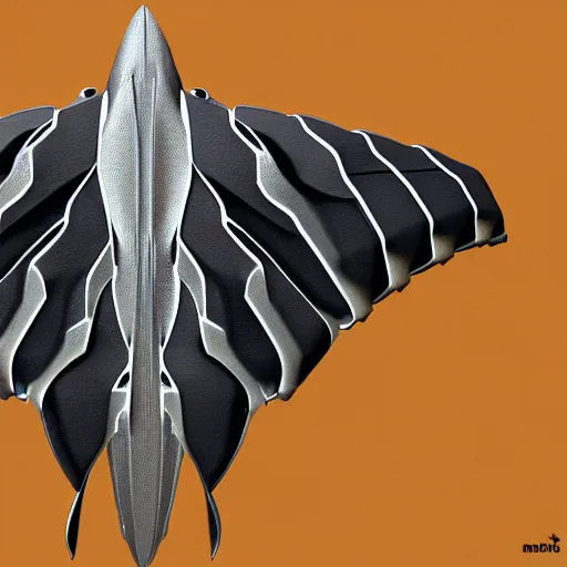 Image similar to a mechanized atlas moth, gunmetal grey, very symmetrical, orthographic view, top down view, bottom view, side view, blueprints, mecha, jet fighter, cybernetic, robotic, highly detailed, artstation, autodesk maya, super realistic, unreal engine