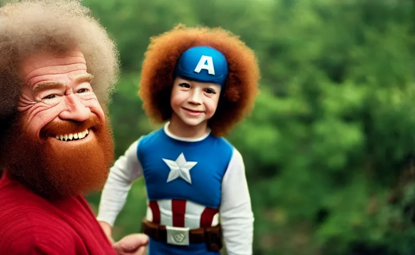 Image similar to cinestill 5 0 d candid photographic portrait by helen levitt of a smiling bob ross as captain america, modern, bright, emotional cinematic, on a green hill, 8 k, hd, high resolution, 3 5 mm, f / 3 2, ultra realistic faces, ex machina