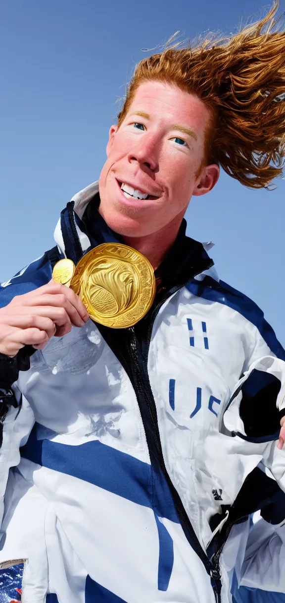 Image similar to high quality portrait of shaun white holding a gold medal with blue sky above him, rule of thirds, upper body shot, sharp focus, extremely detailed, studio photography