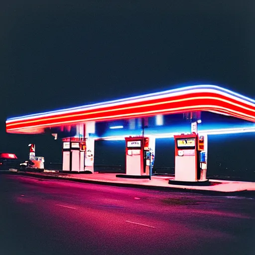 Image similar to “gas station photography,night, neon, various subjects, cinestill 800t, in the style of William eggleston”