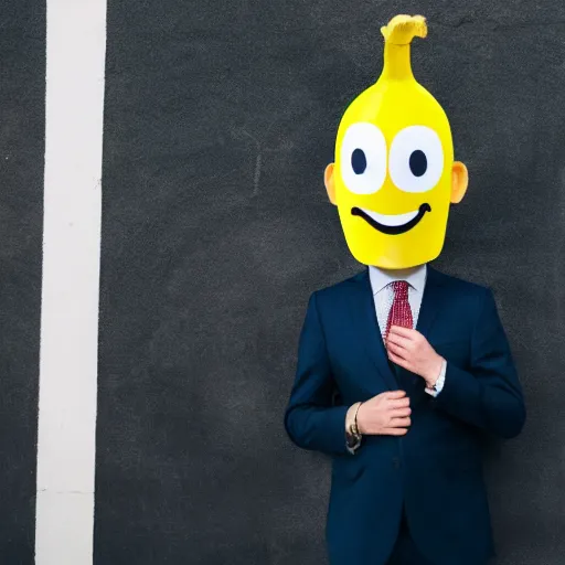 Image similar to a person with a banana head wearing a business suit