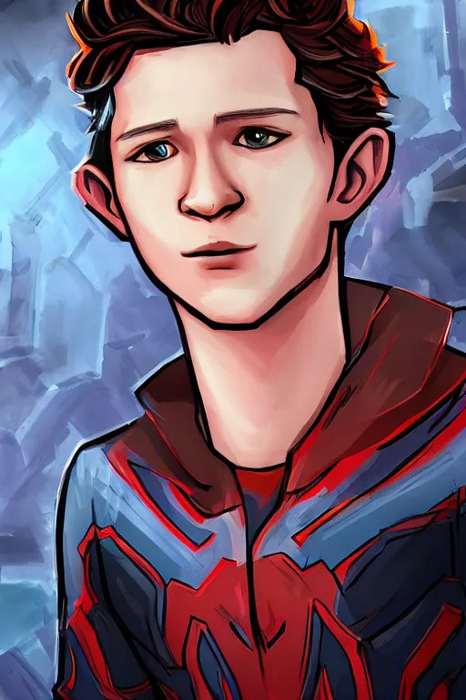 Image similar to an in game portrait of tom holland from hades, art by jen zee.