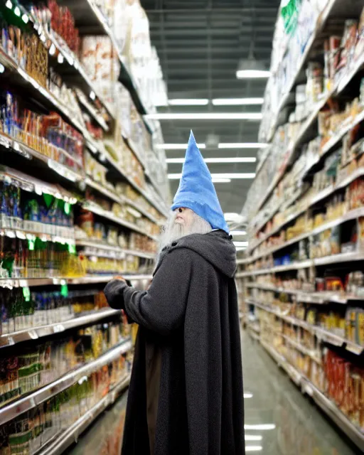 Image similar to gandalf wearing a wizard hat, stacking supermarket shelves, cinematic lighting, gloomy, depressing