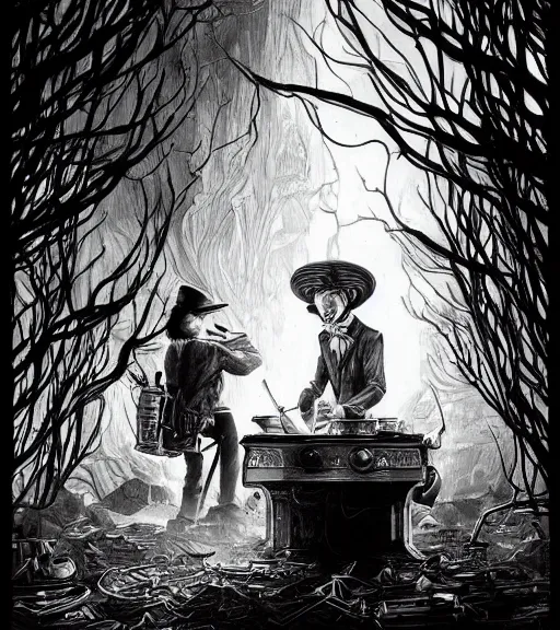 Image similar to beautiful willie wonka cooking meth black and white drawing, in the style of greg rutkowski, fantasy, amazing detail, epic, intricate, elegant, smooth, sharp focus