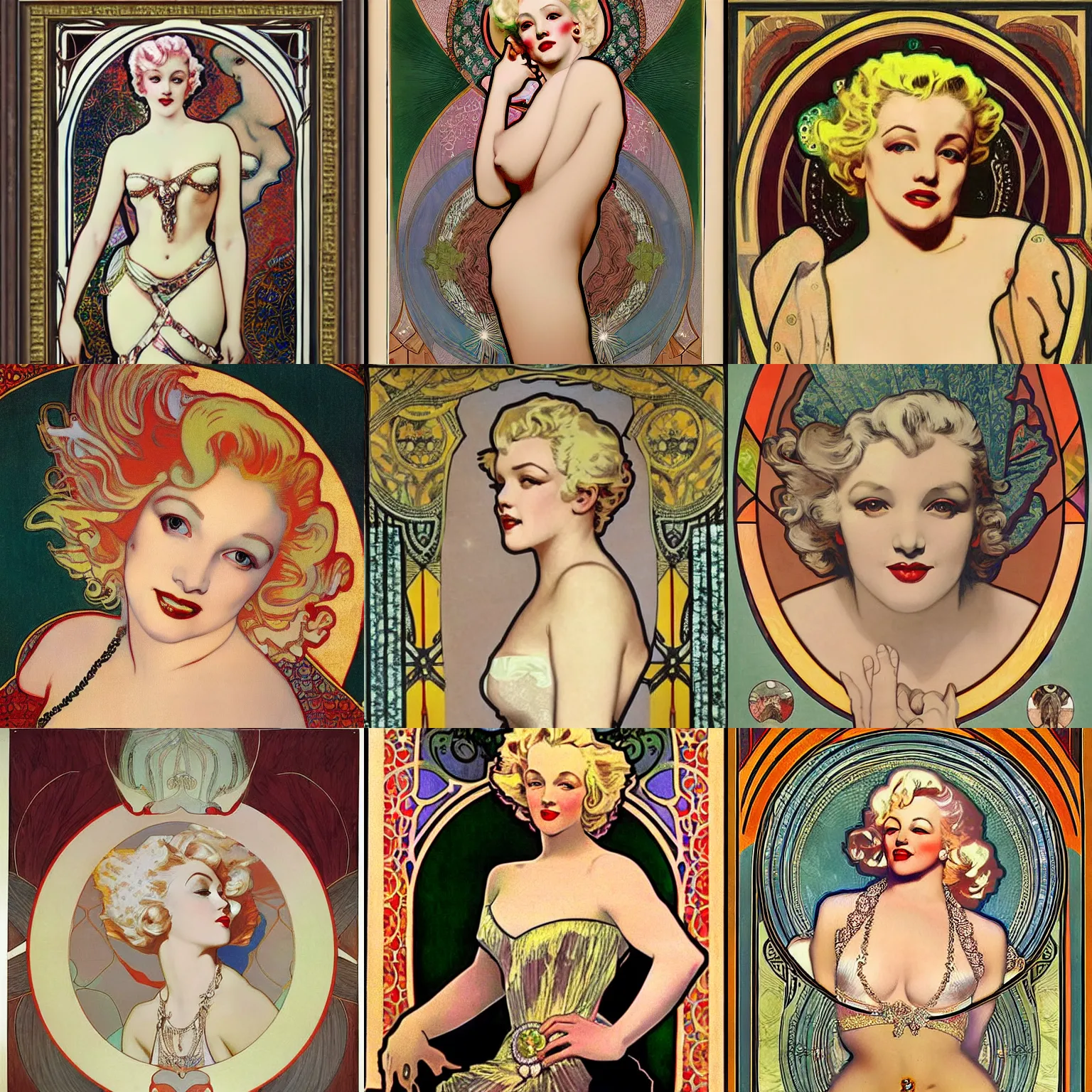 Prompt: beautiful symmetric ornamented painting of Marylin Monroe by Mucha; classy, restrained, refined