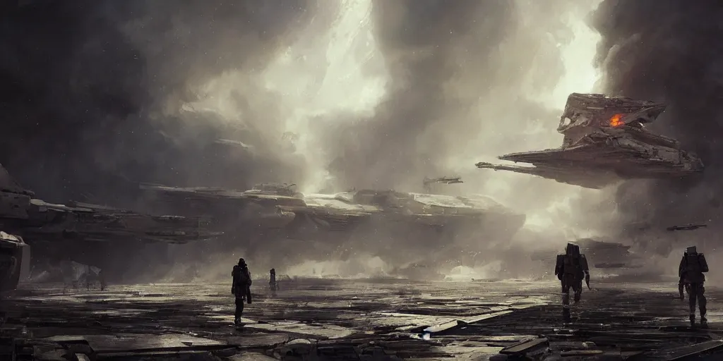 Prompt: a painting of a cinematic keyframe of a storm trooper walking into a destroyed star destroyer starship, with fire and smoke by greg rutkowski, rule of thirds, golden ratio, ambient lighting, wlop, artgerm, artstation, highly detailed masterpiece, dark fantasy art, high detail, trending on artstation