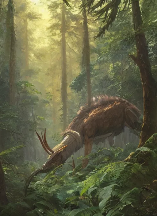 Prompt: a huge prey animal in an ancient forest, extremely detailed oil painting, rhads, sargent and leyendecker, savrasov levitan polenov, bruce pennington, studio ghibli, tim hildebrandt, digital art, landscape painting, trending on artstation, masterpiece