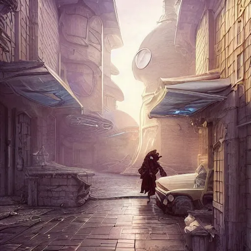 Image similar to It’s dreamy on the streets of Russian panel houses quarters on the Moon city, Norilsk, sci-fi, fantasy, intricate, very very beautiful, elegant, highly detailed composition, digital painting, artstation, concept art, smooth, sharp focus, illustration, art by artgerm and greg rutkowski and alphonse mucha