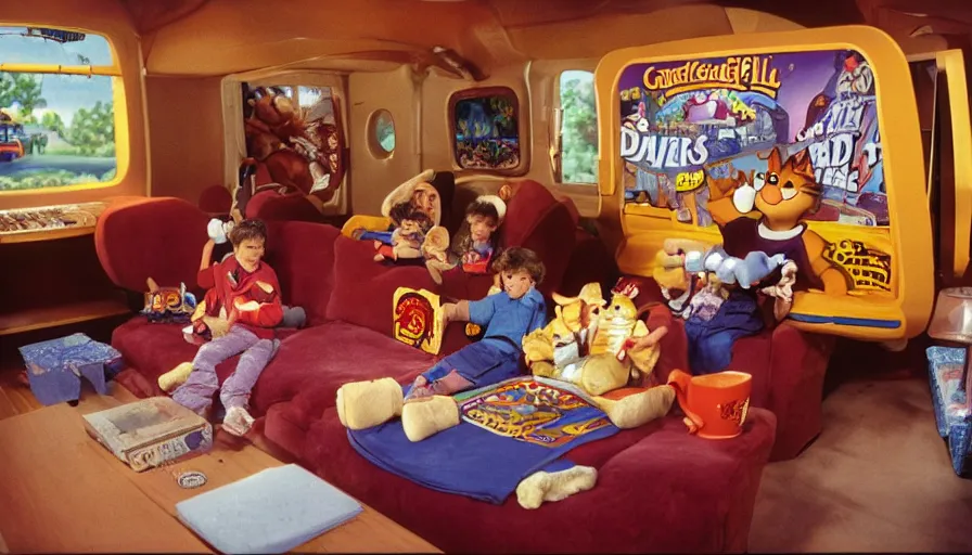 Image similar to 1990s photo of inside the Garfield's Wild Dream ride at Universal Studios in Orlando, Florida, children riding a box with a blanket, with Garfield the cartoon cat, through Jon's living room filled lasagna, coffee cups, and a big lava lamp, cinematic, UHD