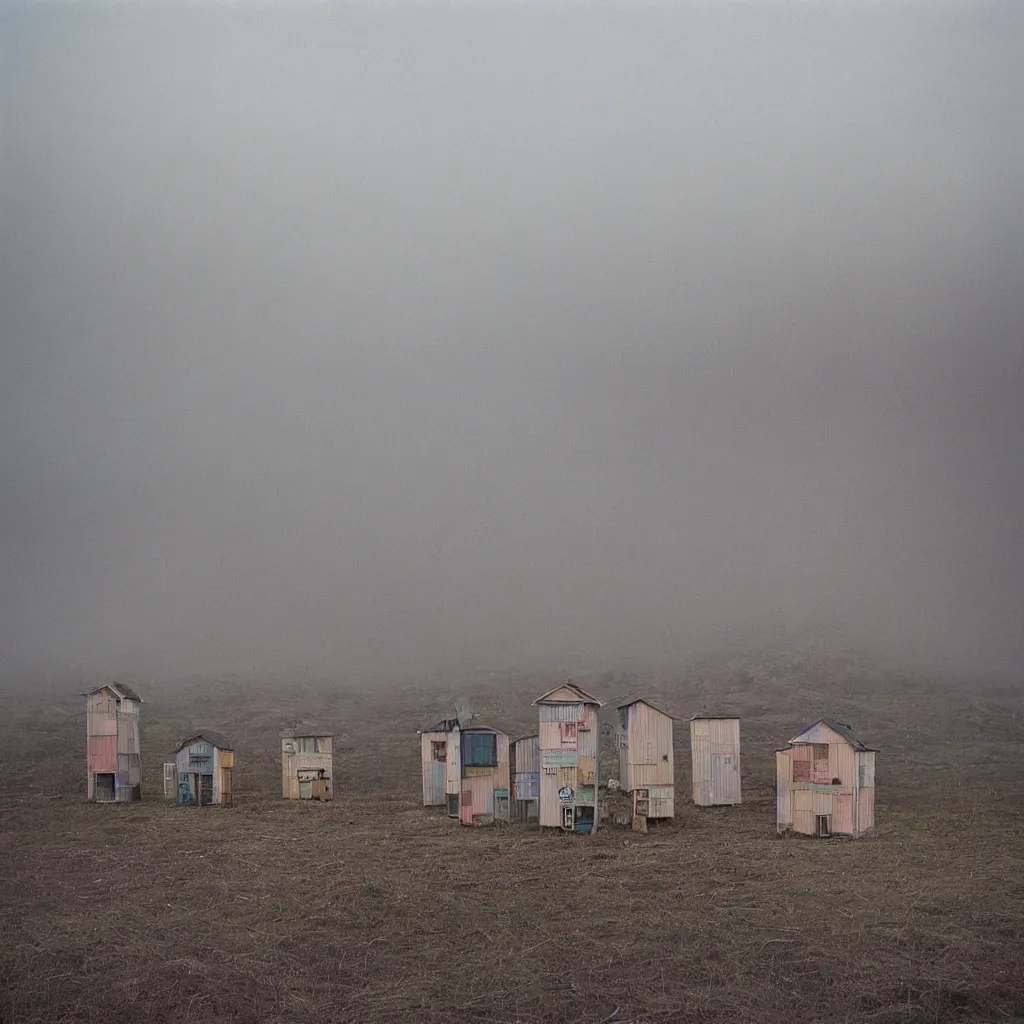 Image similar to two towers, made up of makeshift squatter shacks with pastel colours, uneven dense fog, dystopia, mamiya rb 6 7, fully frontal view, very detailed, photographed by jeanette hagglund