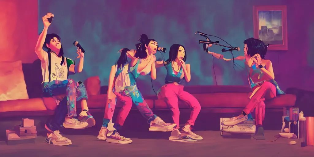 Image similar to Asian women and Hispanic men rapping with microphone in living room, epic poses, distinct figures, digital art, vaporwave, psychedelic, surreal, hip hop, trending on Artstation, professional artist, detailed, 4k