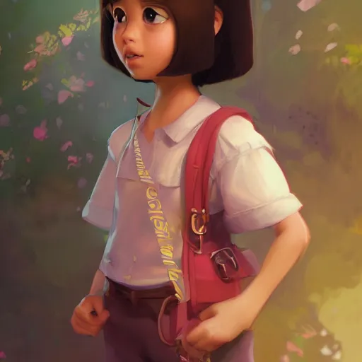 Image similar to A full-length portrait of a beautiful and elegant dora the explorer， full of details, matte painting, concept art, smooth, by Kittichai Rueangchaichan and wlop ，trending on cgsociety and artstation，8kHDR，light effect