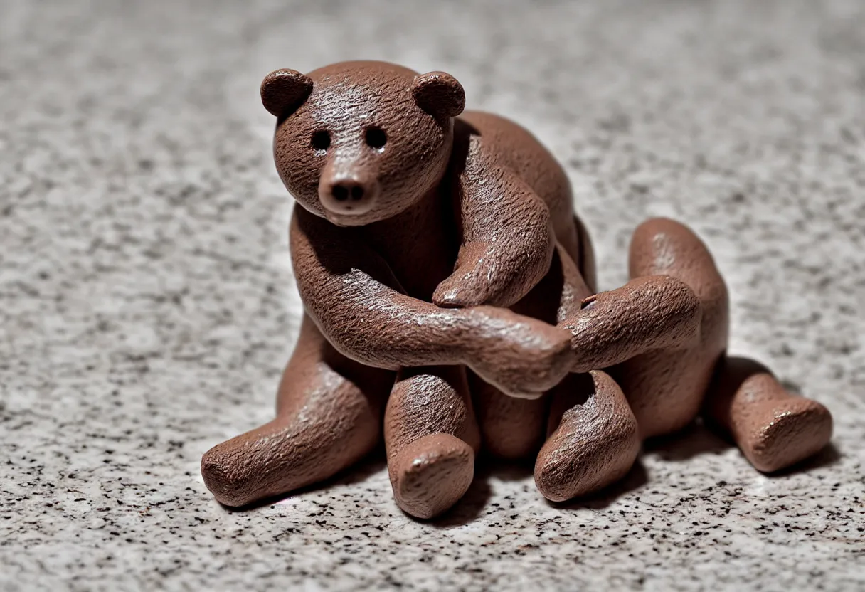 Prompt: clay bear figurine on marble table, highly detailed photo, hyper realism, low depth of field