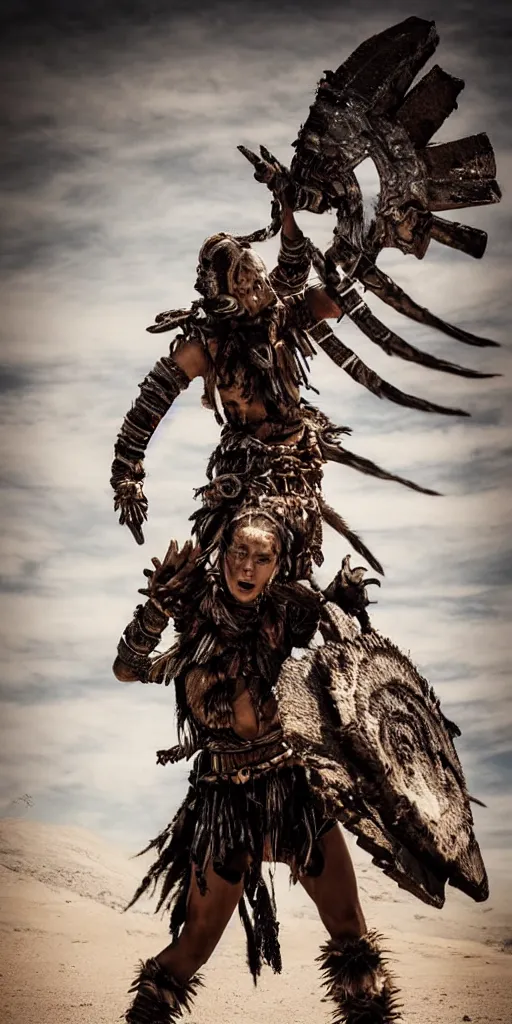 Image similar to fighting in air shaman tribeswoman, destroyed armor parts fly away, inspired by monster hunter, low shot, muscular body, symmetrical face, clean face, subtle make up, destruction around her, frozen time,dramatic lighting, cinematic, establishing shot, extremely high detail, photorealistic, 300 the movie,monster hunter the movie, dune the movie, cinematic lighting, artstation, octane render, western,old photo, vintage