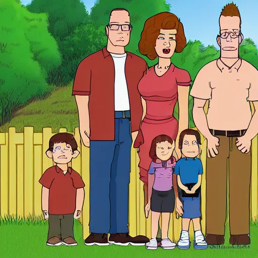 Prompt: a family portrait of a family of three, husband wife and son, hank hill, peggy hill, bobby hill, standing in front of a wooden fence, neutral expressions, art by mike judge, trending on artstation n 4