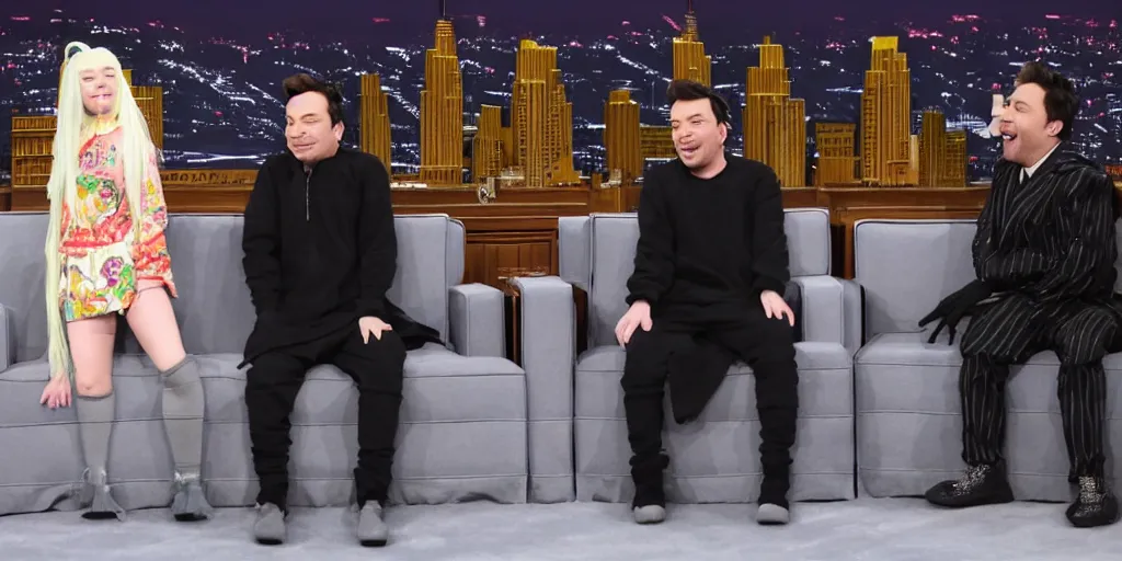 Prompt: Billie Eilish and Jimmy Fallon not wearing any clothes on the tonight show