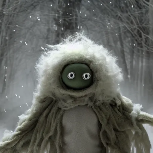 Image similar to a cute but unnerving fluffy humanoid ethereal ghost like live action muppet wraith like alien figure with a squid shaped parasite overtaking its head with four long tentacles for arms that flow gracefully at its sides while it floats around the frozen woods searching for lost souls and that hides amongst the shadows in the trees, this character can control the ice and snow and has mastery of the shadows, it is a real muppet by sesame street, photo realistic, real, realistic, felt, stopmotion, photography, sesame street