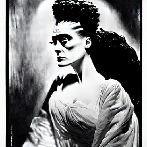 Prompt: a dramatic cinematic portrait photograph of bride of frankenstein influenced by alphonse mucha