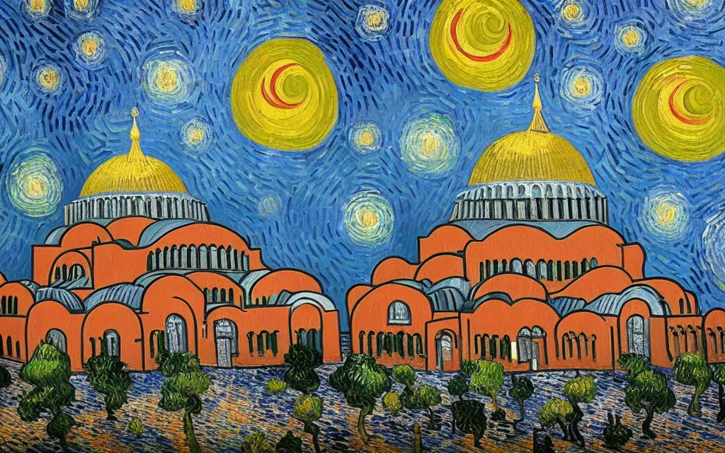 Prompt: detailed expressionist oil painting by van gogh of the hagia sophia church of constantinople, beautiful byzantine architecture, landscape painting, expressionism, 8 k resolution, smooth, sharp focus, matte painting, dramatic lighting, small bushstrokes