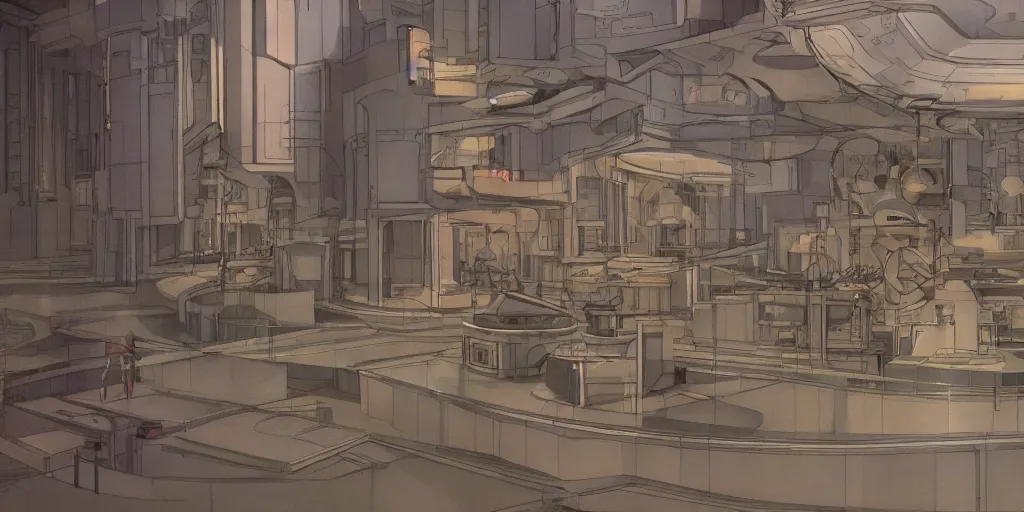 Image similar to Architectural model of a Soviet era science fiction set painted by James Jean, cinematography by Yo-Yo Ma, composition by Fritz Lang