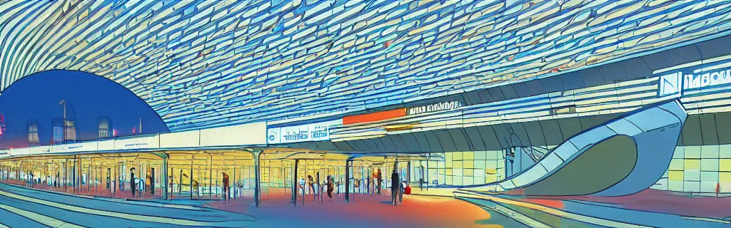 Image similar to birmingham new street train station exterior, gouache, animated film, stylised, illustration, by eyvind earle, scott wills, genndy tartakovski, syd mead