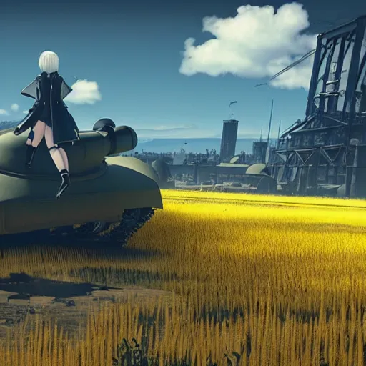 Prompt: a very high resolution image from nier : automata, featuring 9 s android fighting a t 3 4 tank in yellow rye field under pure blue skies