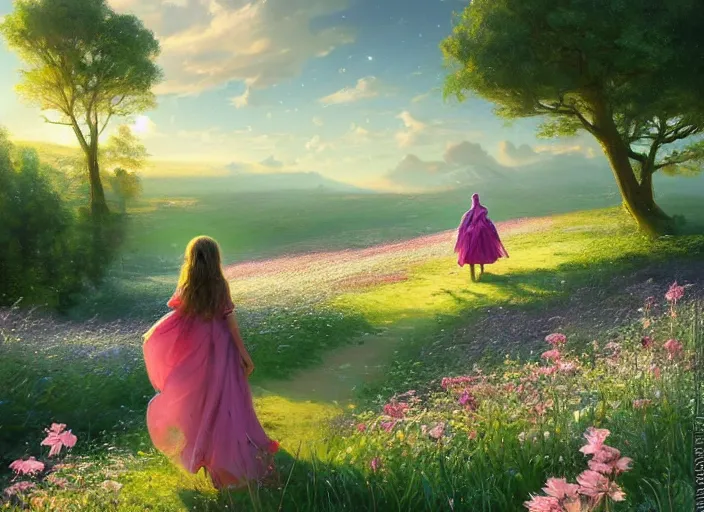 Prompt: a alone princess walks through a vast flower field in the cosmic sky by vladimir volegov and alexander averin and peder mørk mønsted and ross tran and raphael lacoste